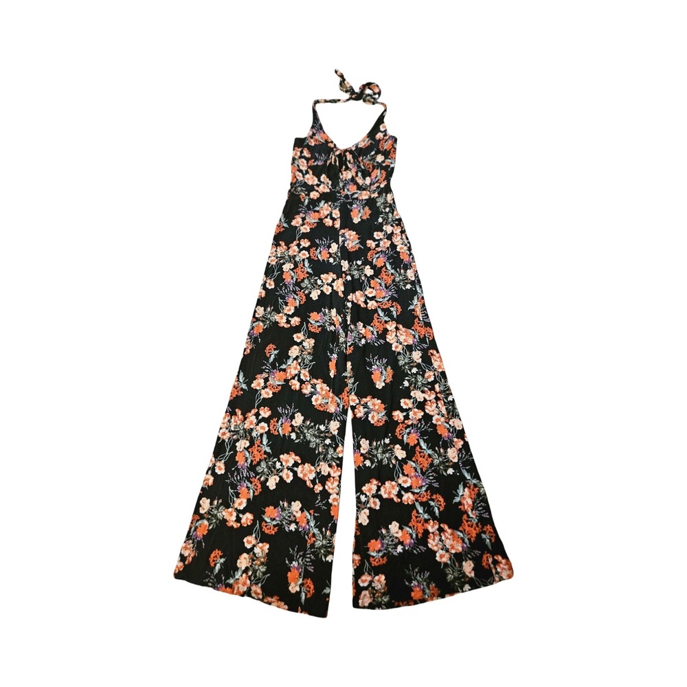 Bongo Womens Floral Halter Wide Leg Jumpsuit Black Orange Size M